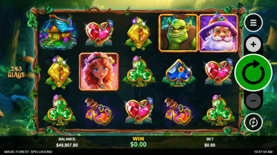 Immagine della slot Magic Forest:Spellbound con la fata magica, l'orco, la pozione e i simboli Gemma a vincita bassa