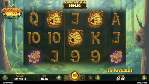 immagine della slot del casinò Beary Wild, una foresta idilliaca sullo sfondo e il campo della slot nella parte anteriore con alveari, fiori e icone della slot regolari